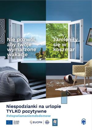 infografika z napisem nie pozwól aby twoje wymarzone wakacje zmieniły się w koszmar, dwa zdjęcia - jedno z pensjonatu a drugie z domu, w którym panuje bałagan spowodowany przez złodzieja