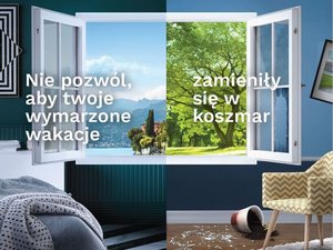 Infografika z napisami: „Nie pozwól aby twoje wymarzone wakacje zamienił się w koszmar oraz „Niespodzianki na urlopie tylko pozytywne”. Pod spodem napis: #stopwlamaniomdodomow.