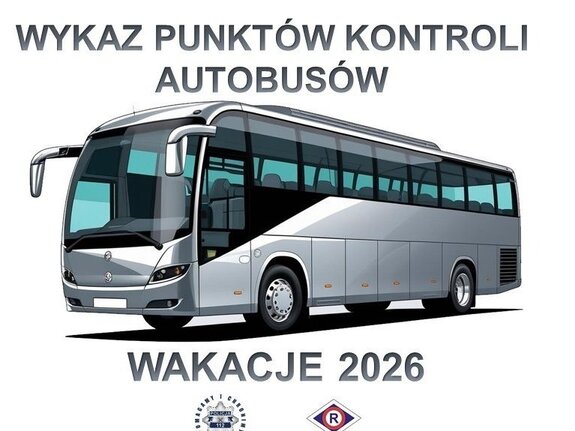 "Grafika z napisem Wykaz Punktów Kontroli autobusów i autobus."