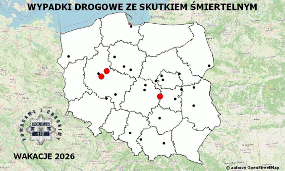 Policyjna mapa wypadków drogowych ze skutkiem śmiertelnym – Wakacje 2026