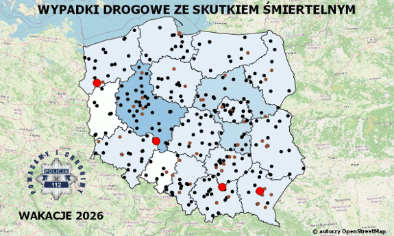 Policyjna mapa wypadków drogowych ze skutkiem śmiertelnym – Wakacje 2026