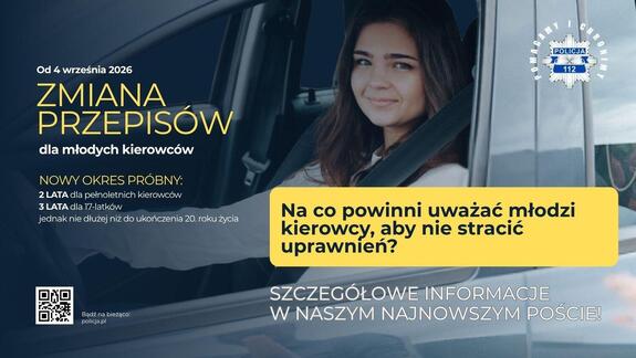 Infografika z kierującą i napisami: Od 4 września zmiana przepisów dla młodych kierowców (...)